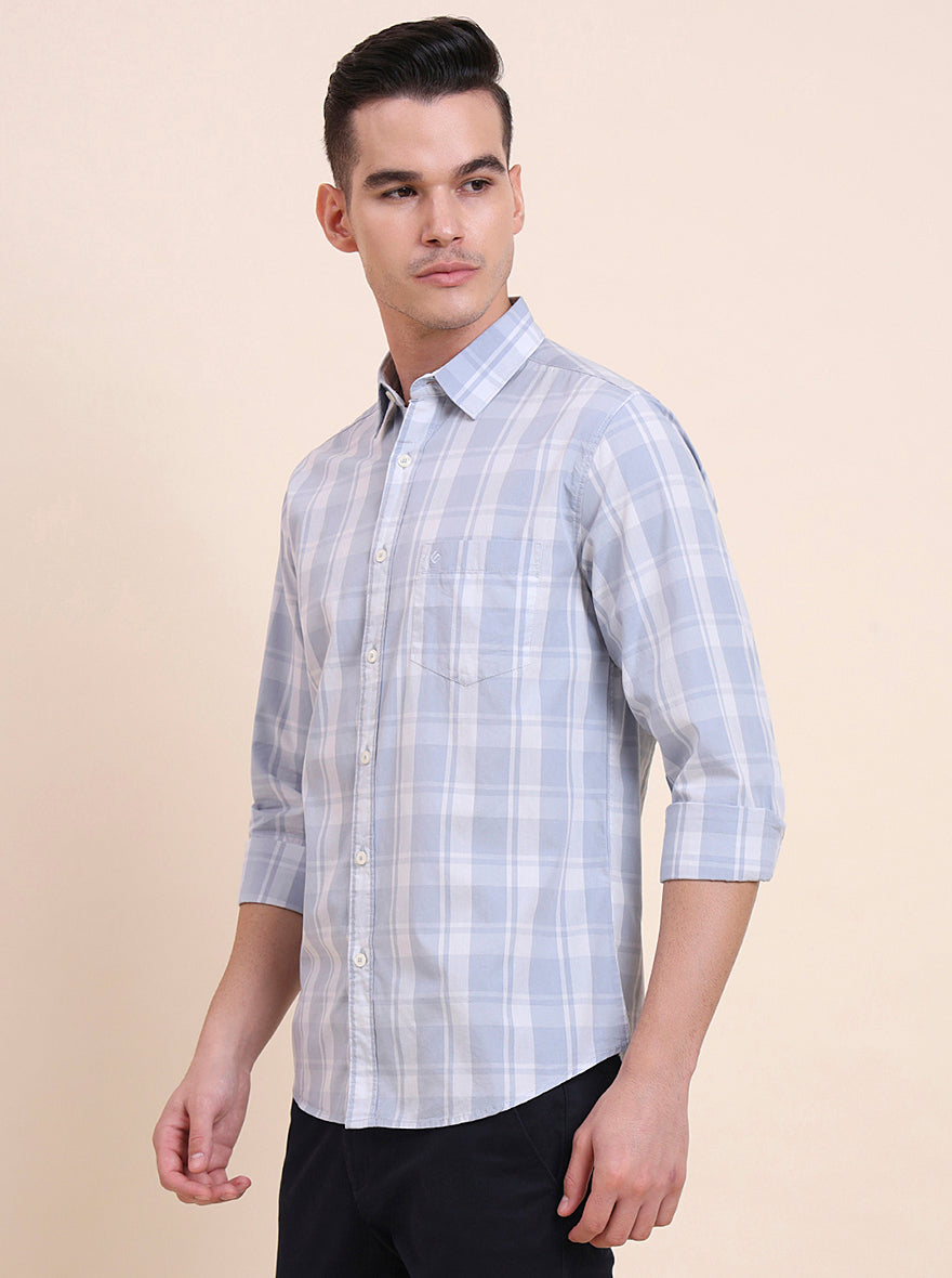 Light Blue Checked Slim Fit Casual Shirt | Greenfibre