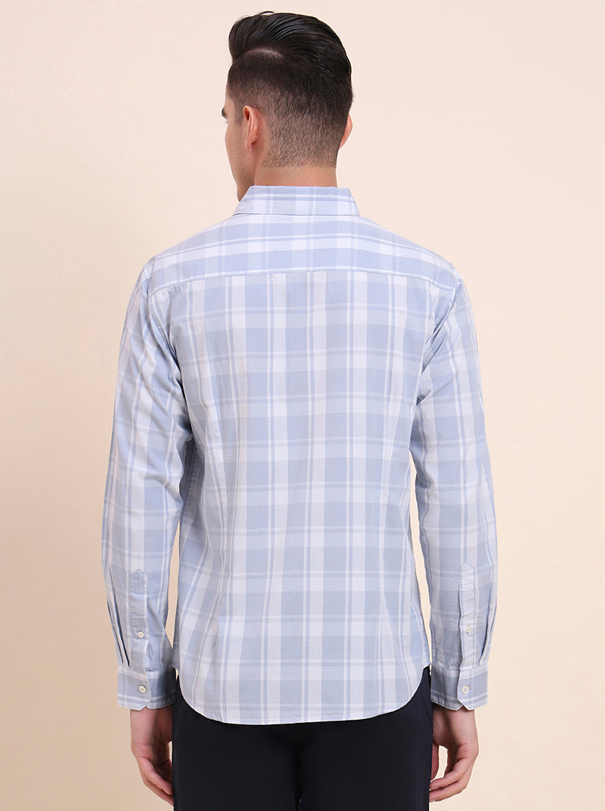 Light Blue Checked Slim Fit Casual Shirt | Greenfibre