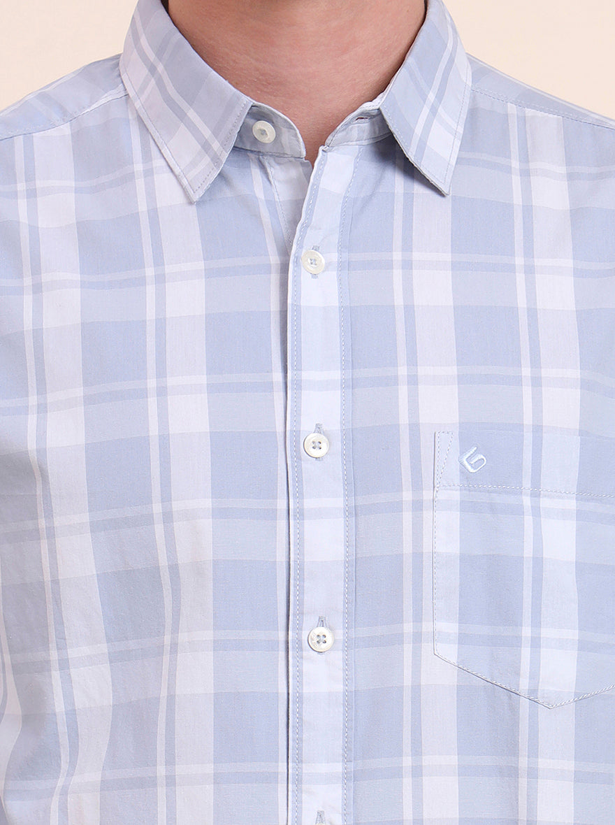 Light Blue Checked Slim Fit Casual Shirt | Greenfibre