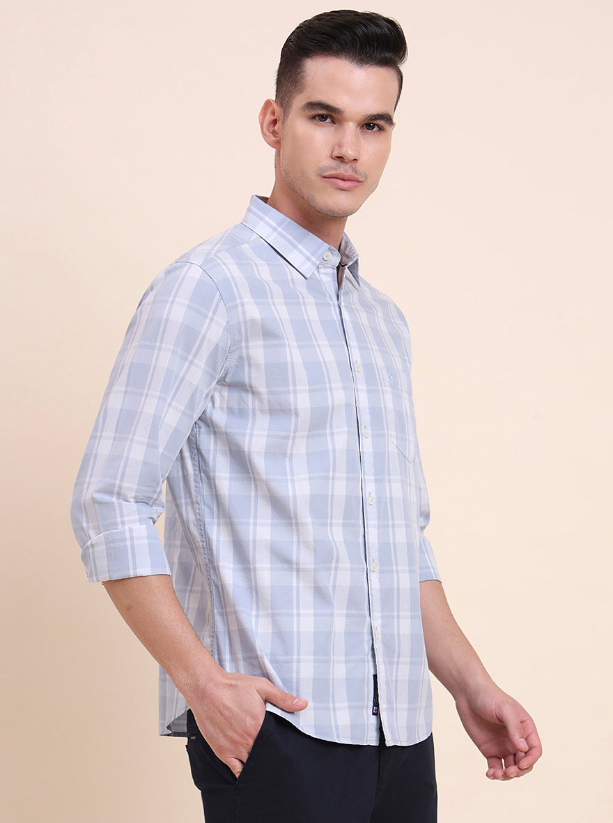 Light Blue Checked Slim Fit Casual Shirt | Greenfibre