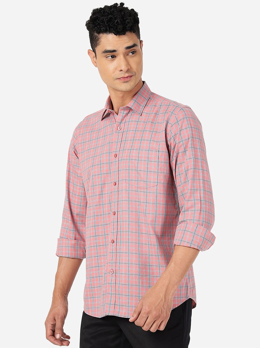 Rose Pink Checked Slim Fit Semi Casual Shirt | Greenfibre