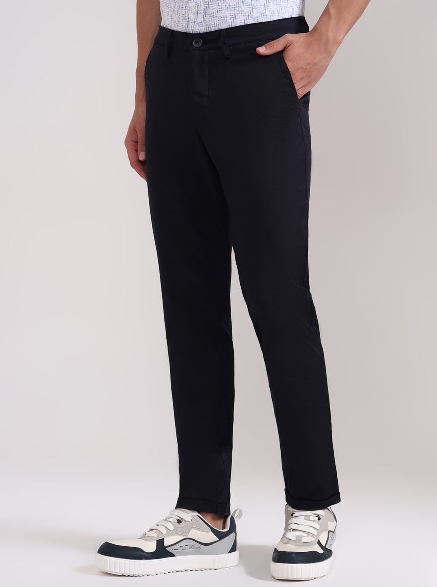 Navy Blue Solid Neo Fit Casual Trouser | Greenfibre