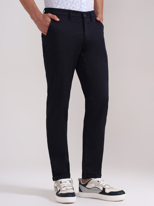 Navy Blue Solid Neo Fit Casual Trouser | Greenfibre