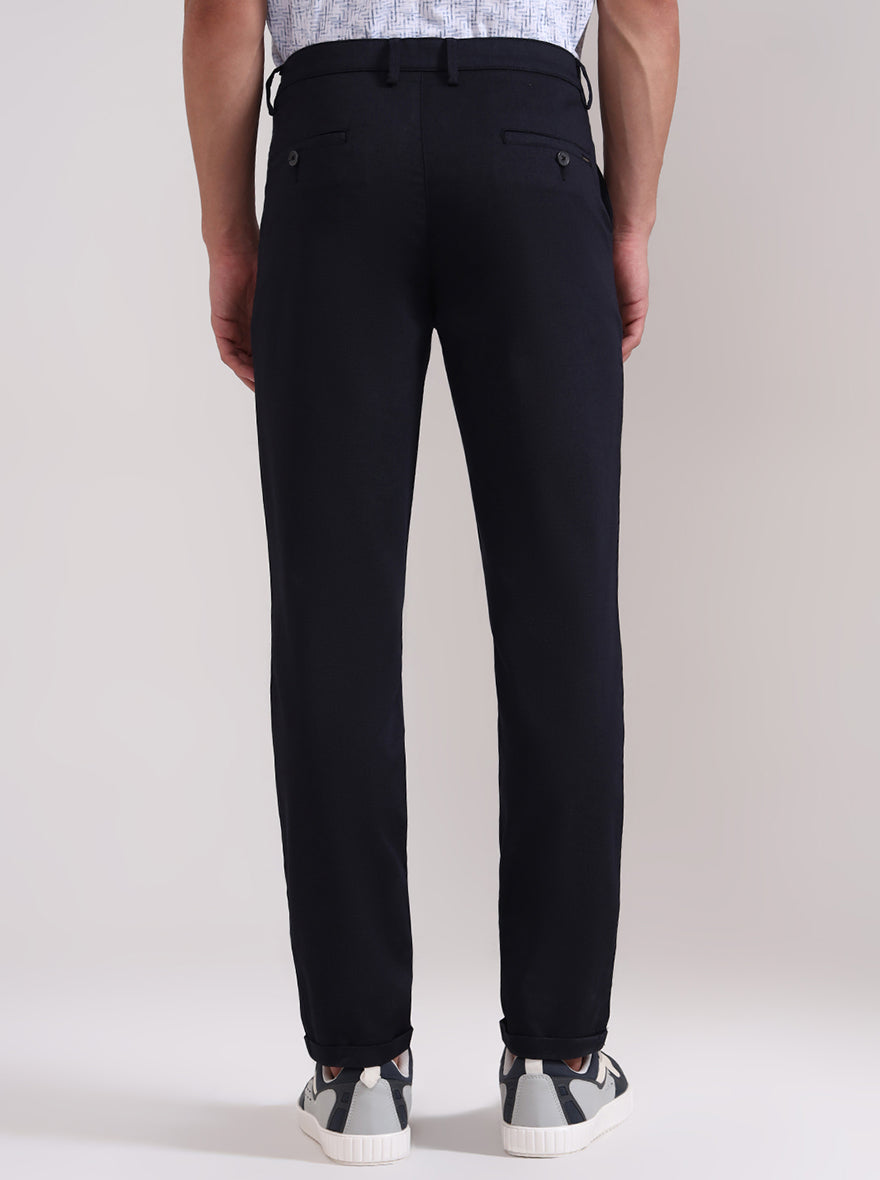 Navy Blue Solid Neo Fit Casual Trouser | Greenfibre