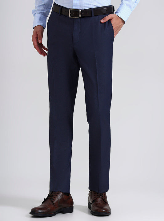 Navy Blue Printed Slim Fit Formal Trouser | Greenfibre