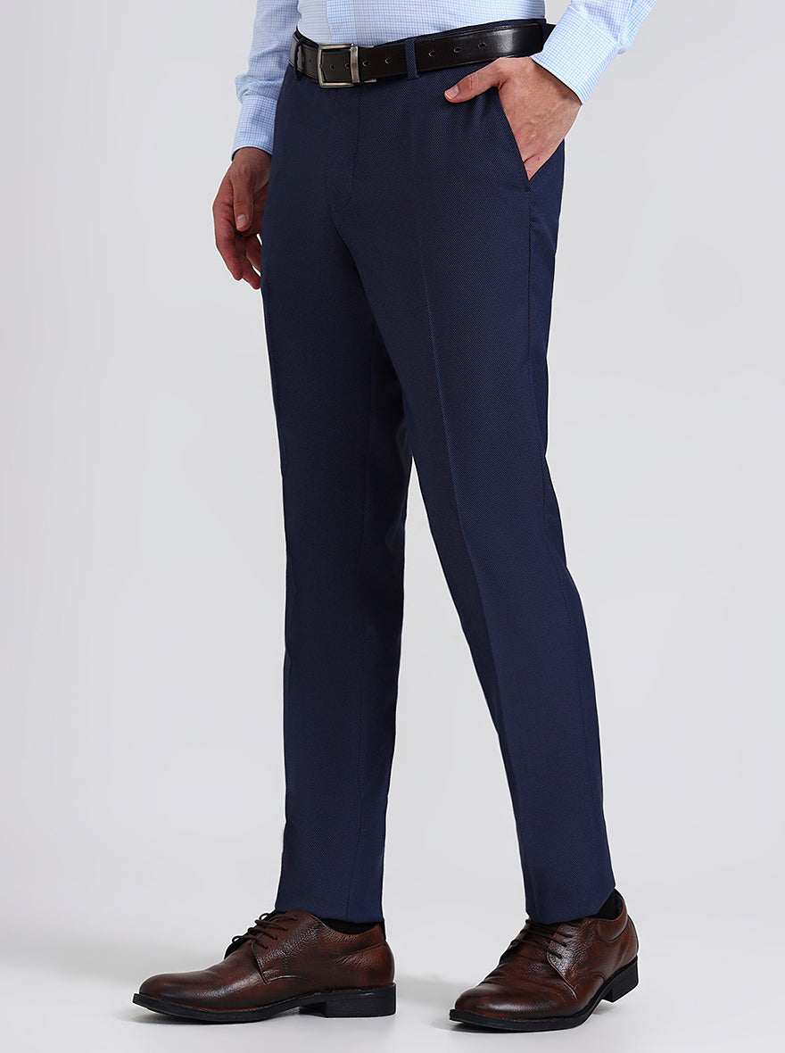 Navy Blue Printed Slim Fit Formal Trouser | Greenfibre