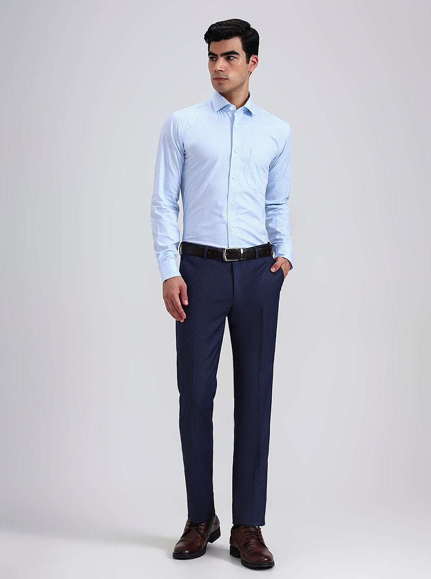 Navy Blue Printed Slim Fit Formal Trouser | Greenfibre