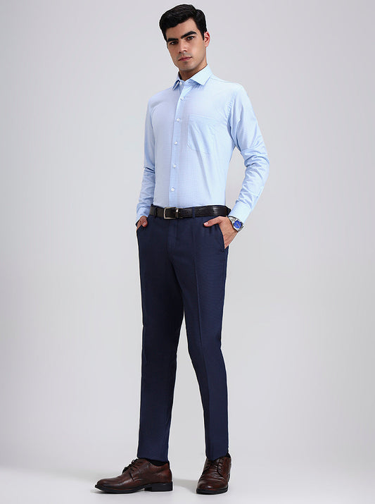 Navy Blue Printed Slim Fit Formal Trouser | Greenfibre