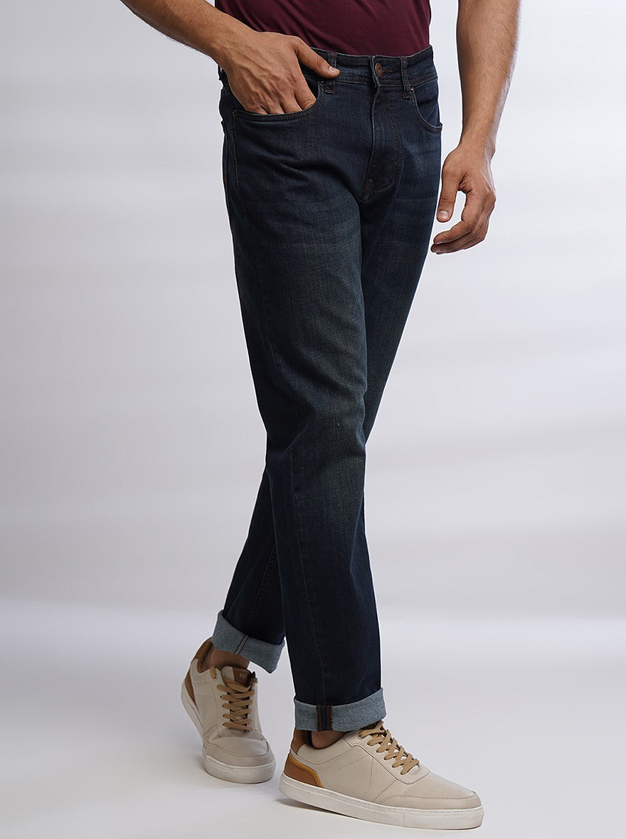 Navy Blue Washed Straight Fit Jeans | Greenfibre