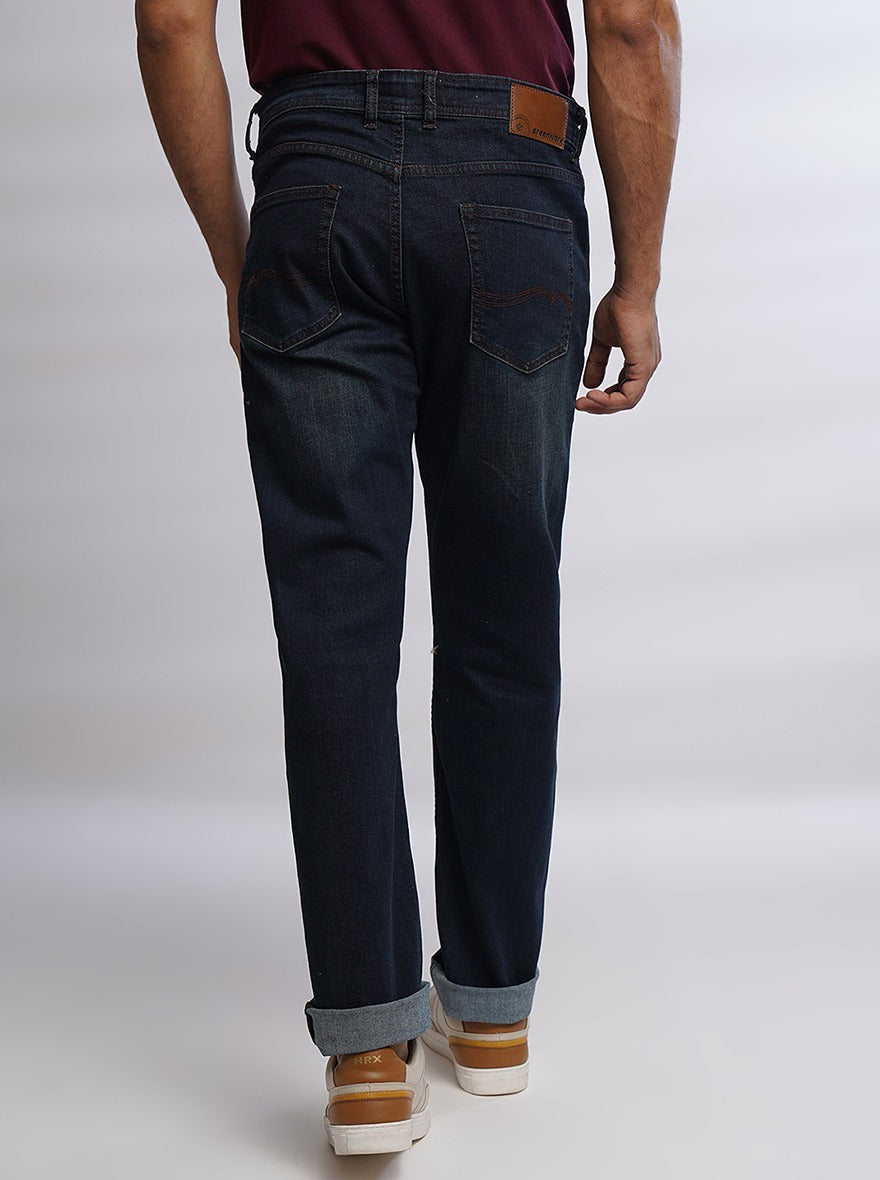 Navy Blue Washed Straight Fit Jeans | Greenfibre