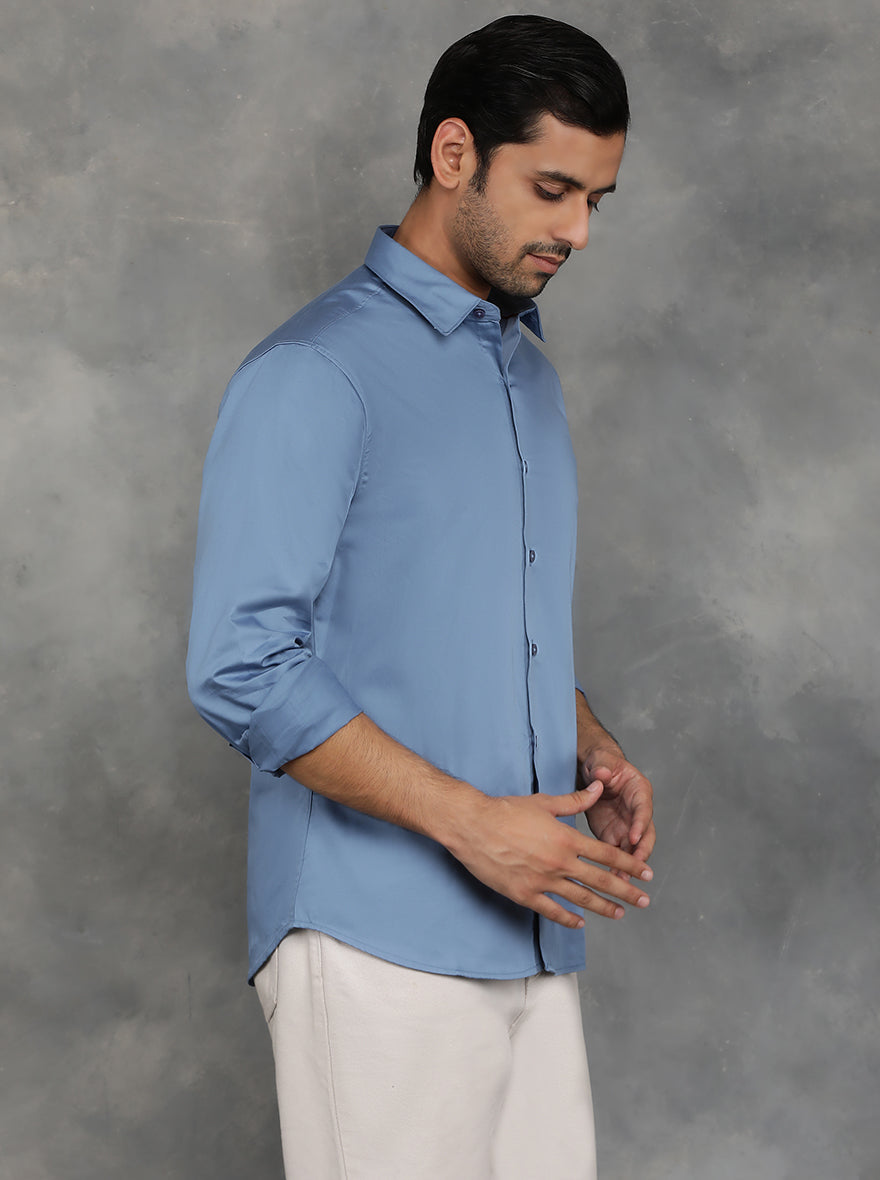 Blue Solid Slim Fit Casual Shirt | GreenFibre