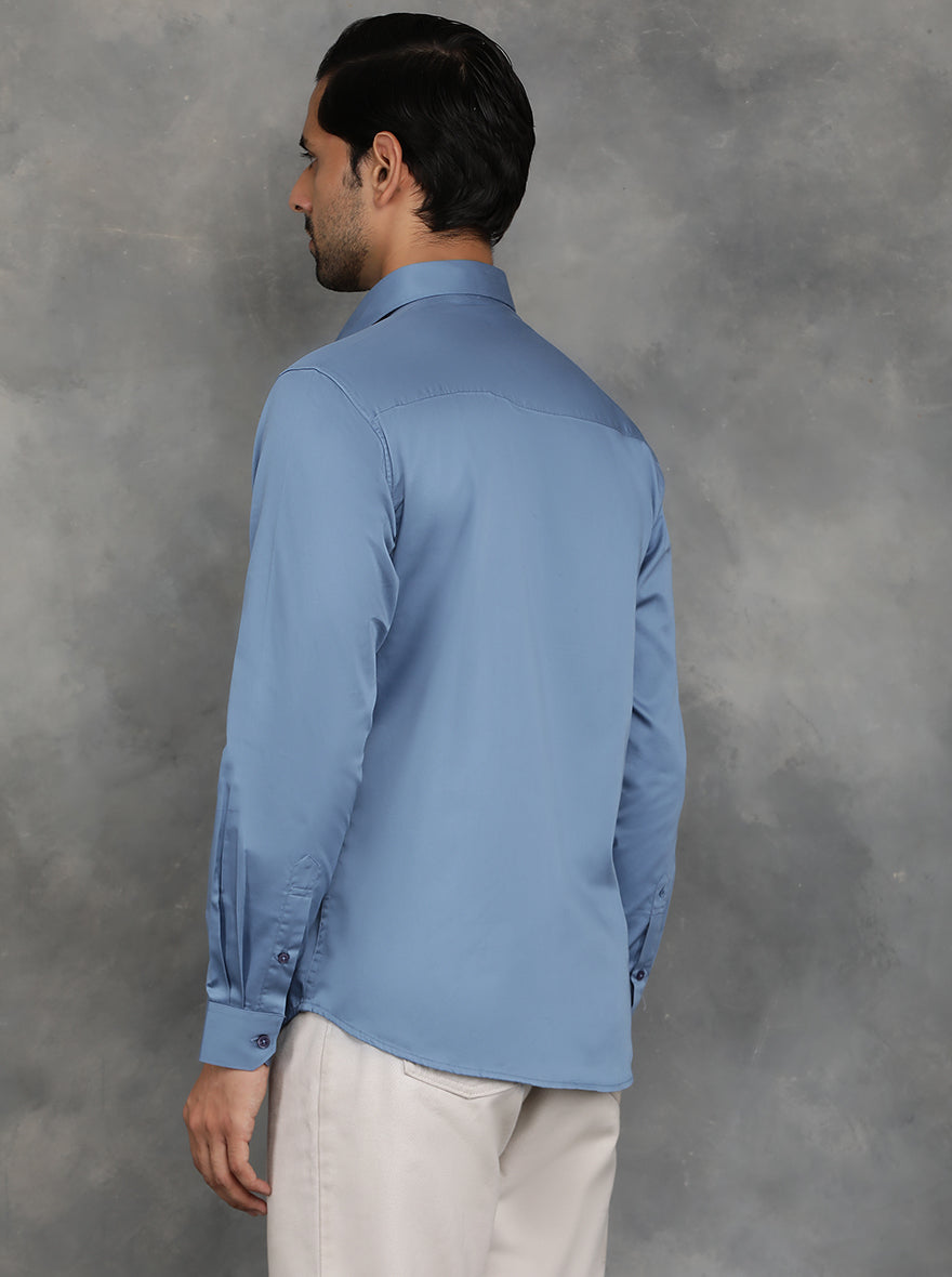 Blue Solid Slim Fit Casual Shirt | GreenFibre