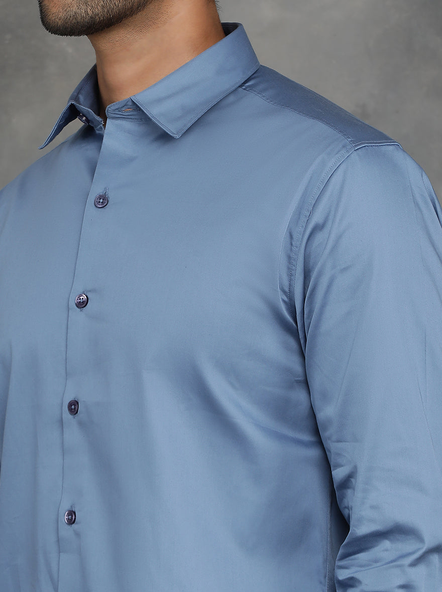 Blue Solid Slim Fit Casual Shirt | GreenFibre