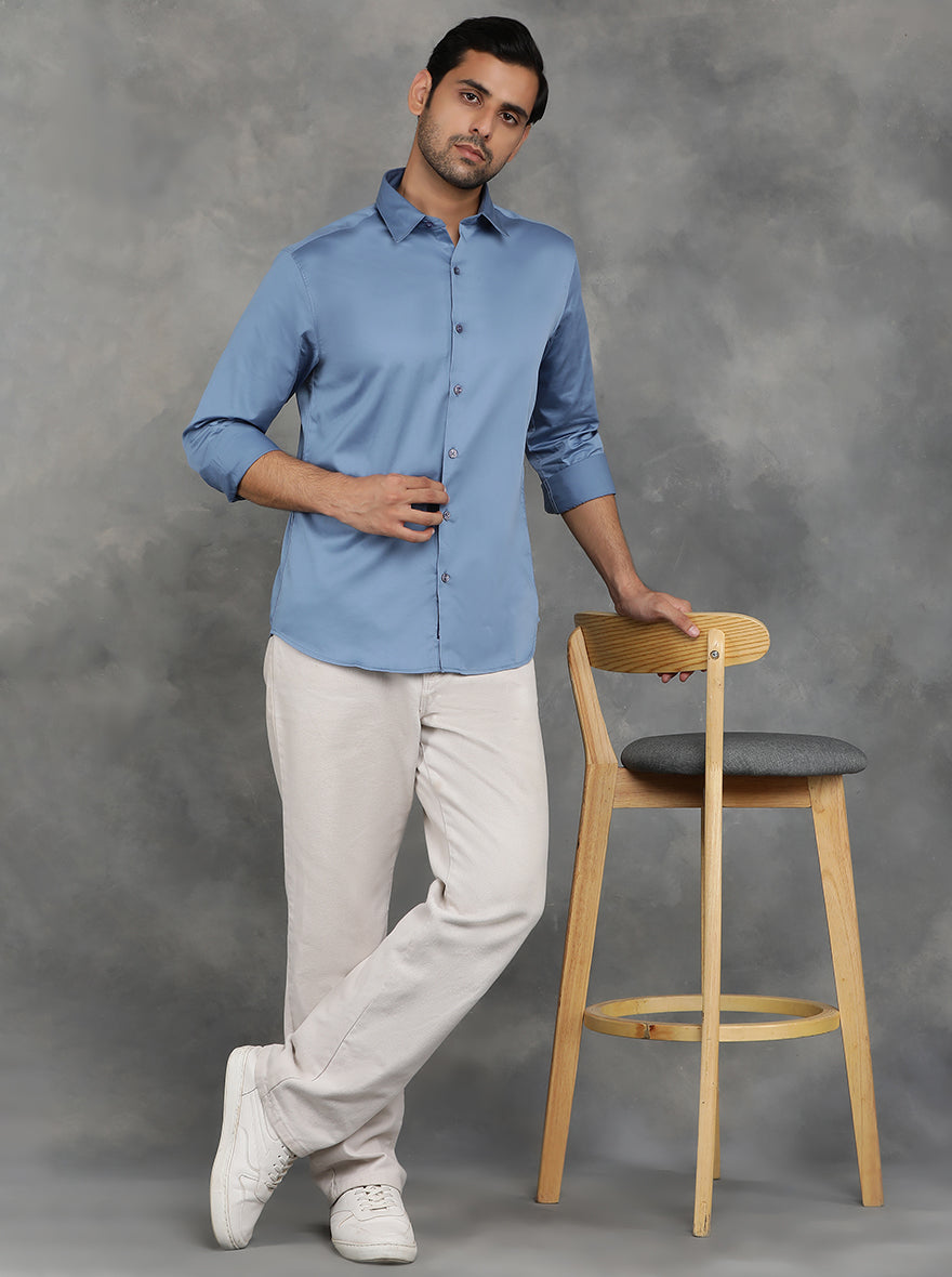 Blue Solid Slim Fit Casual Shirt | GreenFibre