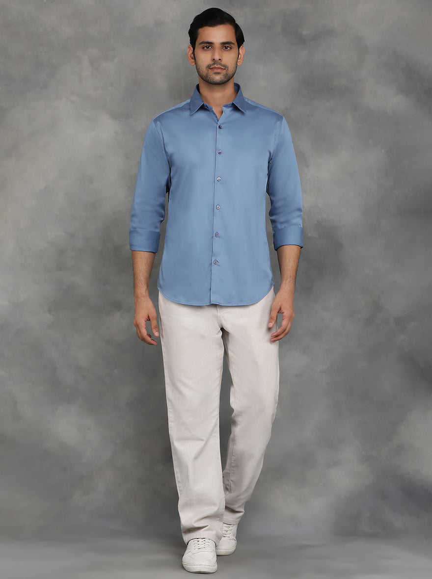 Blue Solid Slim Fit Casual Shirt | GreenFibre