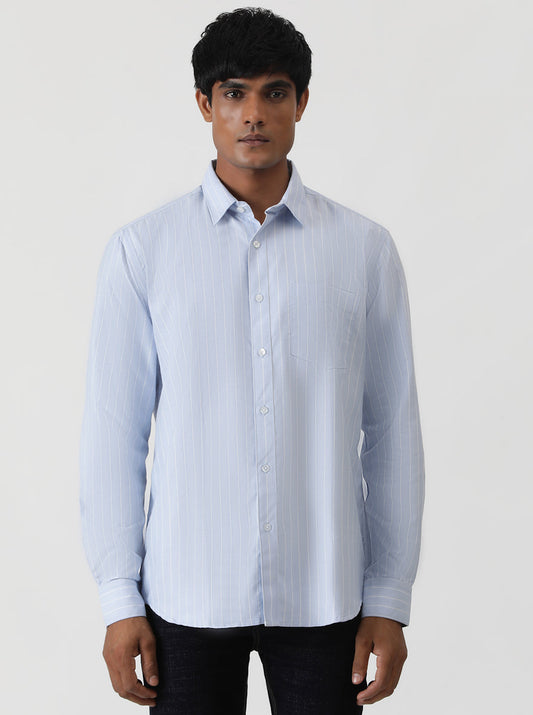 Light Blue Striped Smart Fit Semi Casual Shirt | Greenfibre