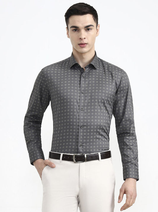 Dark Grey Printed Slim Fit Party Wear Shirt | Greenfibre