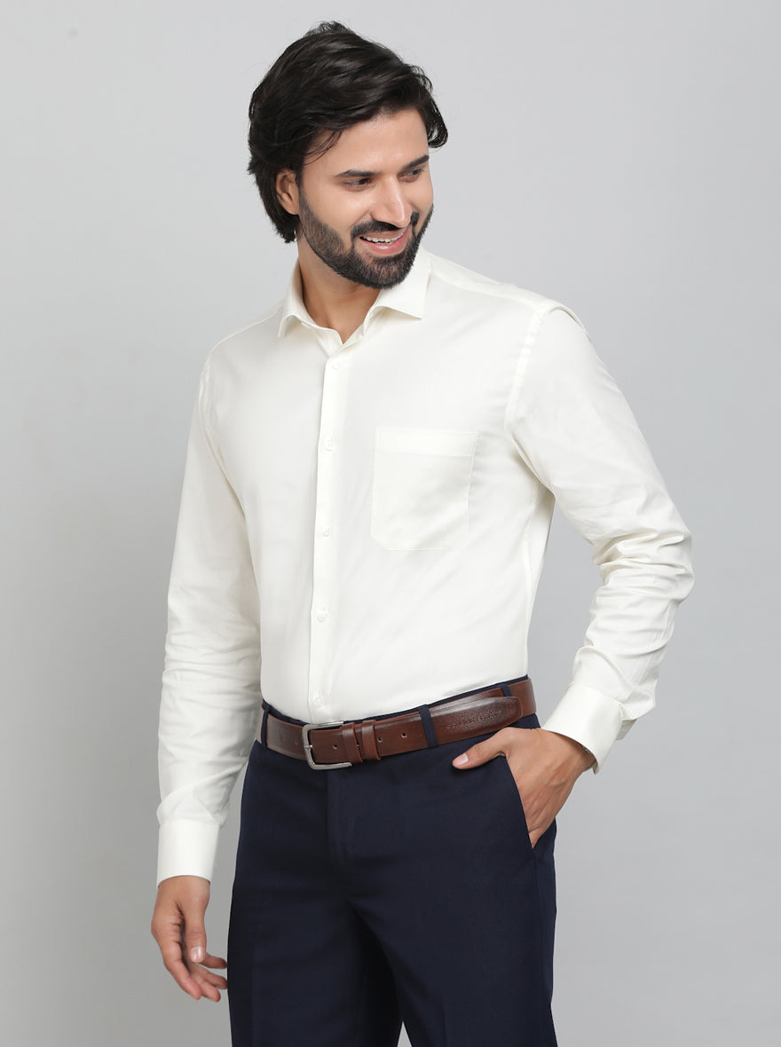 Cream Solid Slim Fit Formal Shirt | Metal