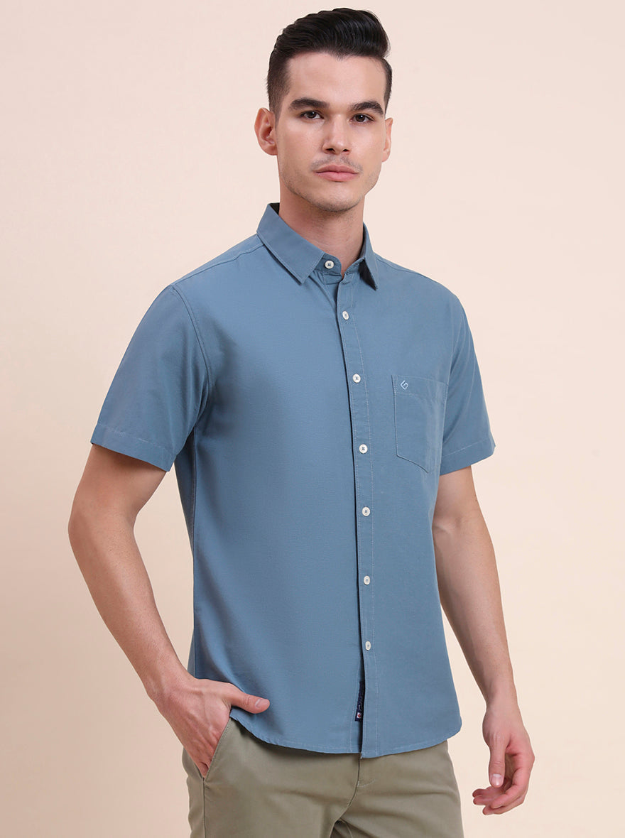 Dark Blue Solid Slim Fit Casual Shirt | Greenfibre