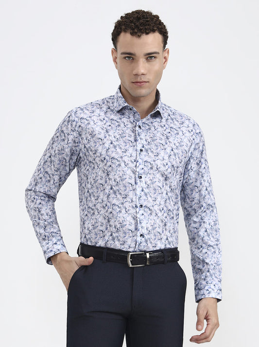 Blue Printed Slim Fit Party Wear Shirt | Greenfibre