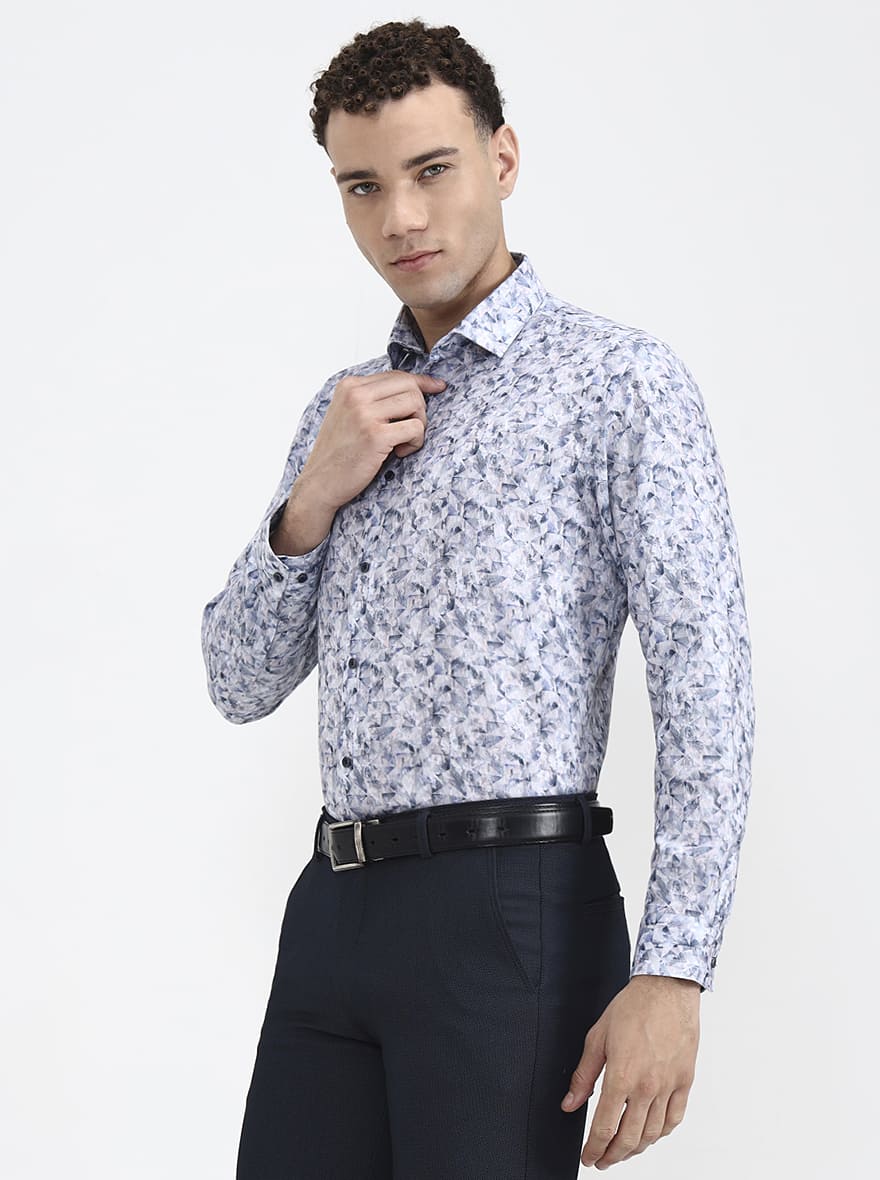 Blue Printed Slim Fit Party Wear Shirt | Greenfibre