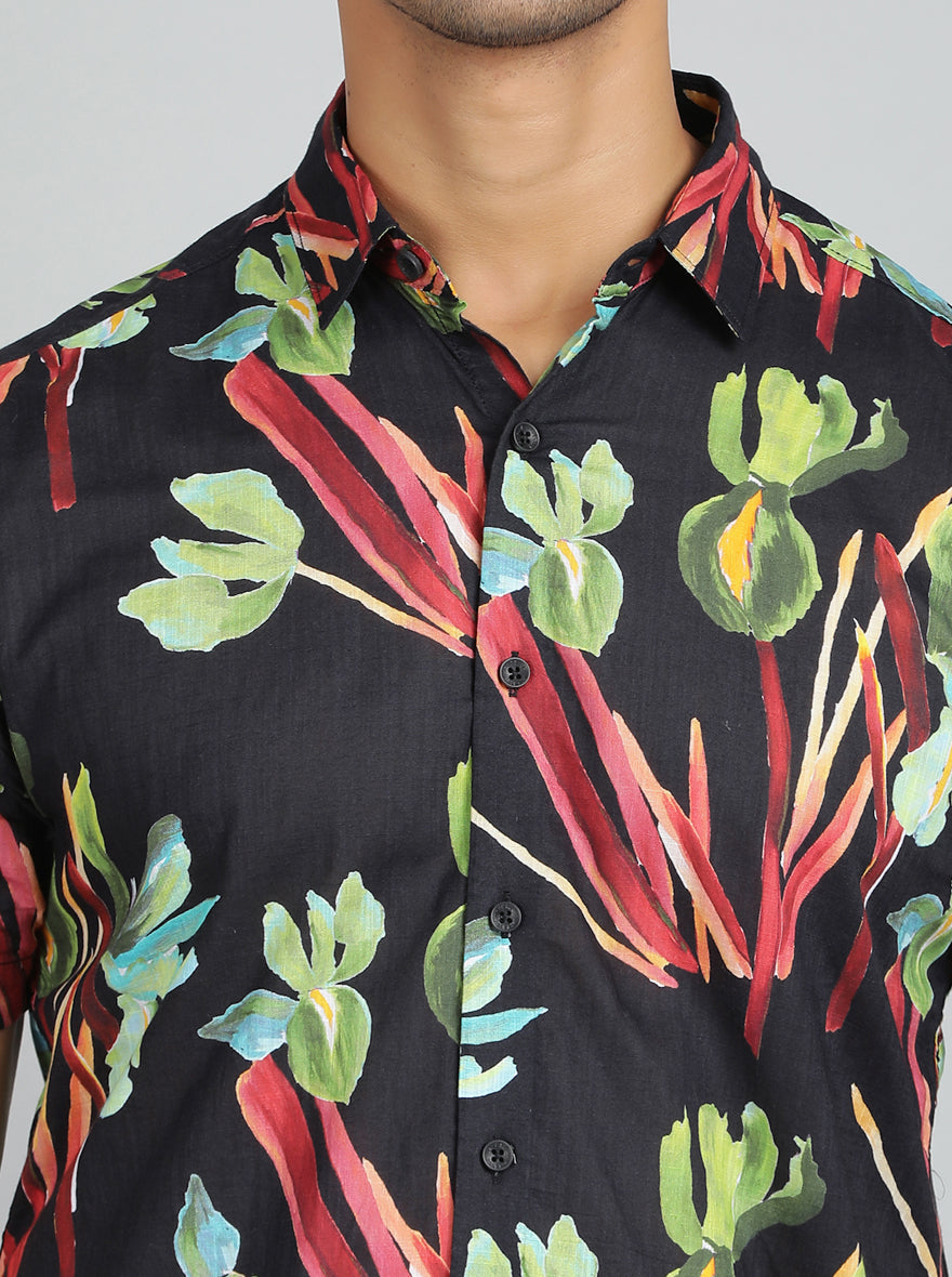 Black Printed Slim Fit Casual Shirt | JadeBlue