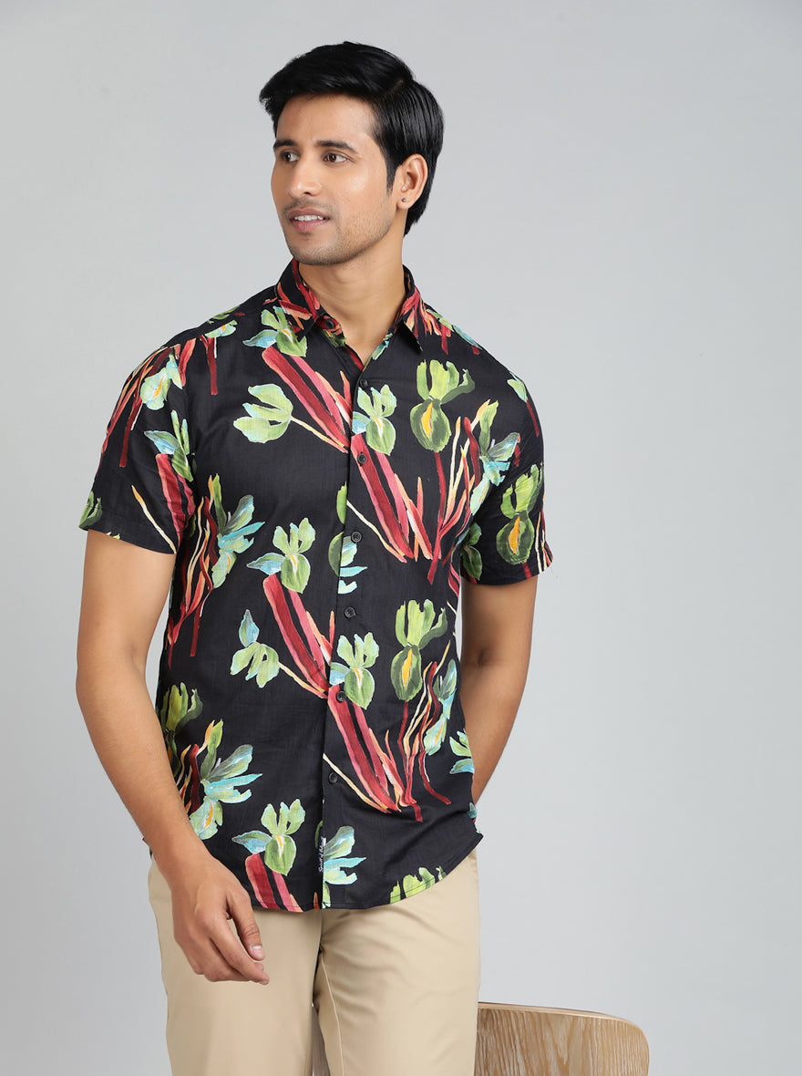 Black Printed Slim Fit Casual Shirt | JadeBlue