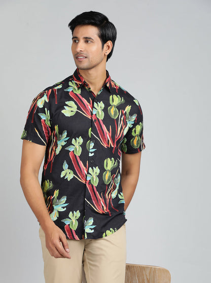 Black Printed Slim Fit Casual Shirt | JadeBlue
