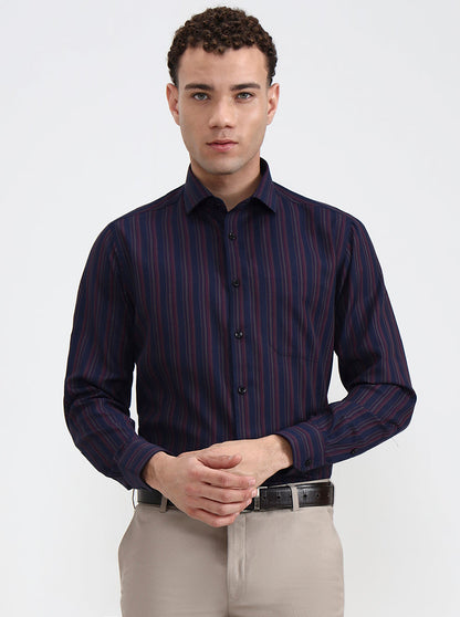 Navy Blue & Maroon Striped Slim Fit Formal Shirt | Greenfibre