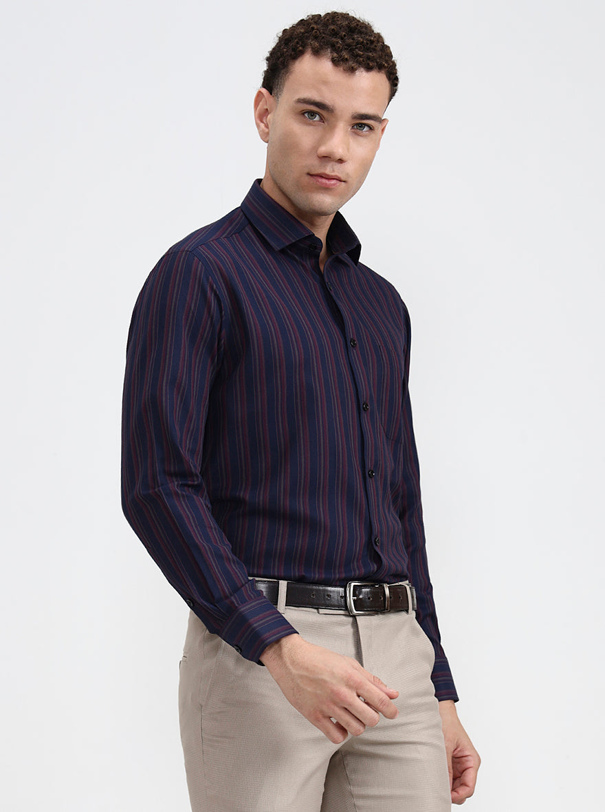 Navy Blue & Maroon Striped Slim Fit Formal Shirt | Greenfibre