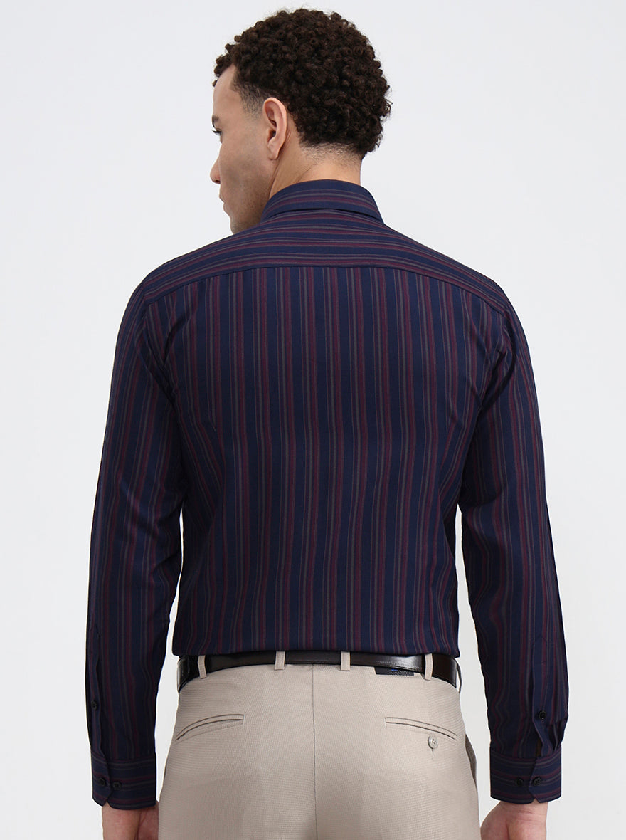 Navy Blue & Maroon Striped Slim Fit Formal Shirt | Greenfibre