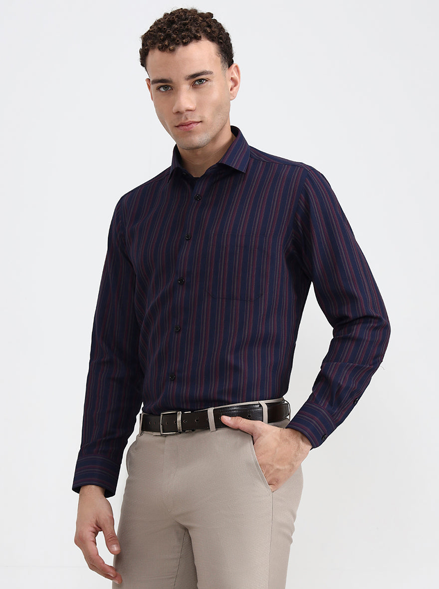 Navy Blue & Maroon Striped Slim Fit Formal Shirt | Greenfibre