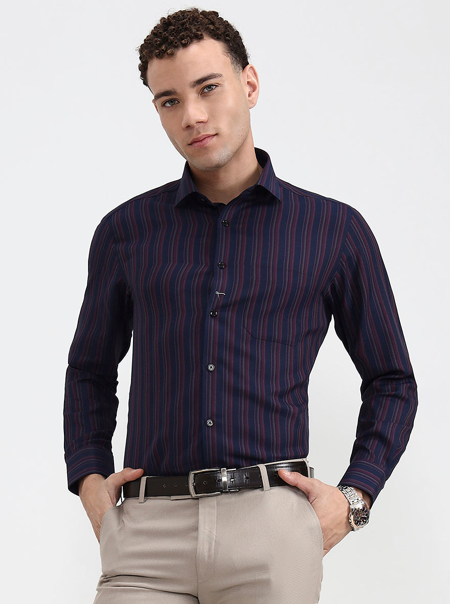 Navy Blue & Maroon Striped Slim Fit Formal Shirt | Greenfibre