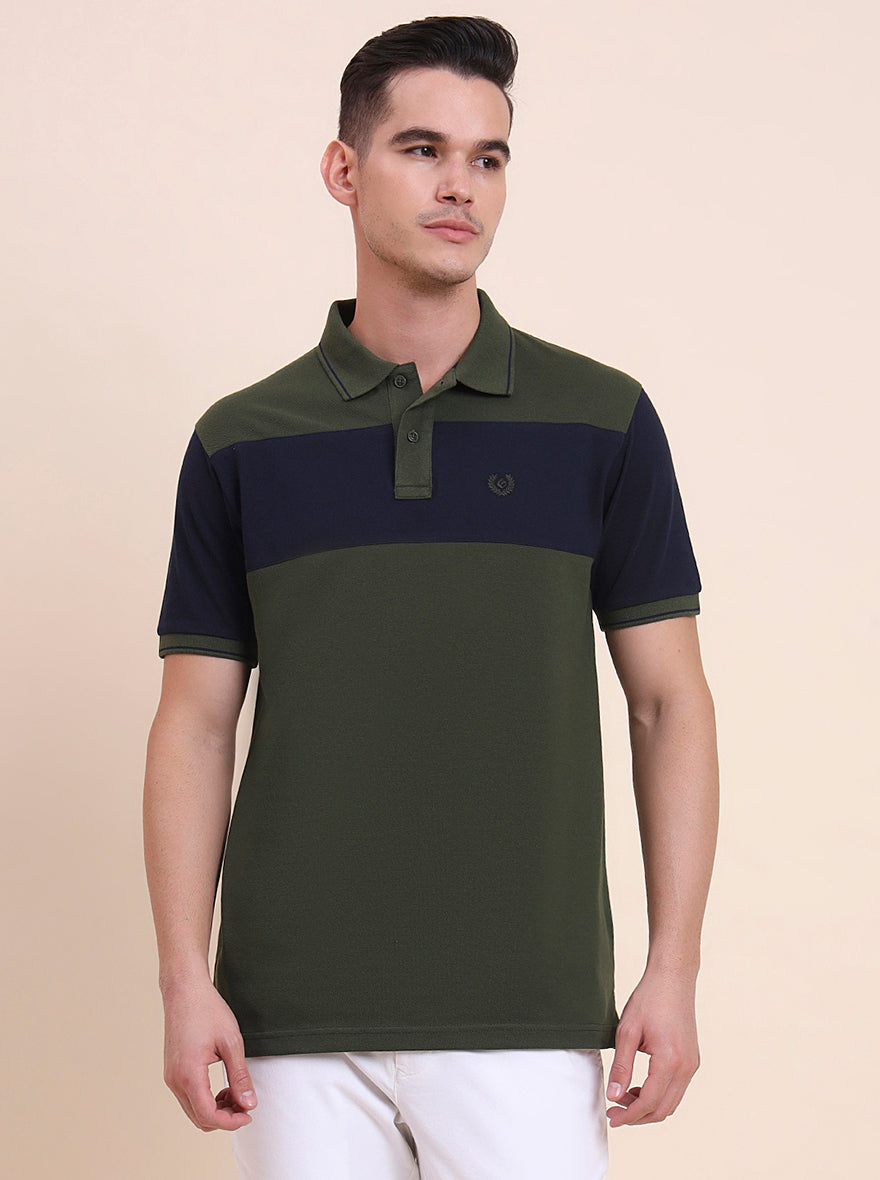 Olive & Navy Blue Striped Slim Fit Polo T-Shirt | Greenfibre