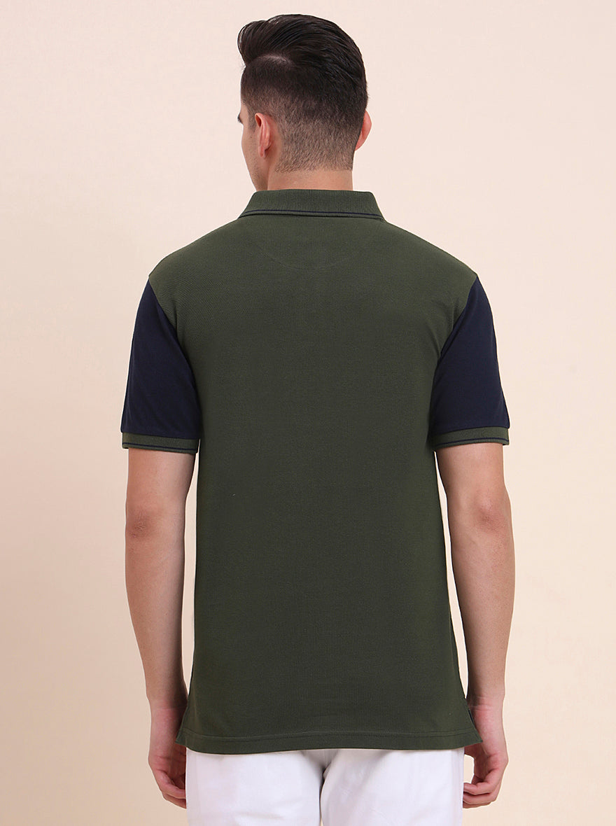 Olive & Navy Blue Striped Slim Fit Polo T-Shirt | Greenfibre