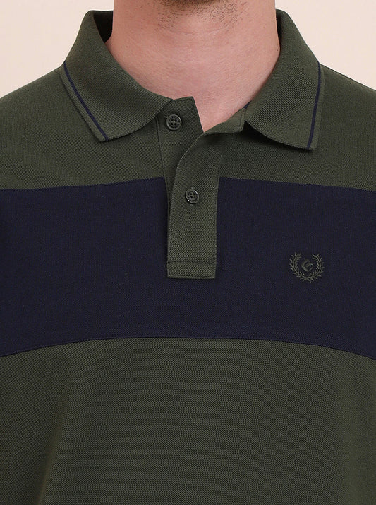 Olive & Navy Blue Striped Slim Fit Polo T-Shirt | Greenfibre