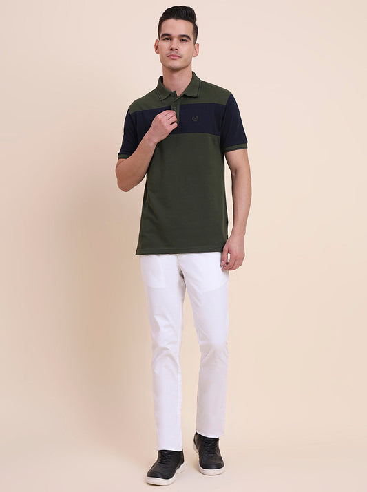 Olive & Navy Blue CUT & SEW Slim Fit Polo T-Shirt | Greenfibre