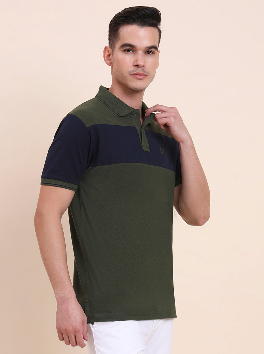 Olive & Navy Blue Striped Slim Fit Polo T-Shirt | Greenfibre