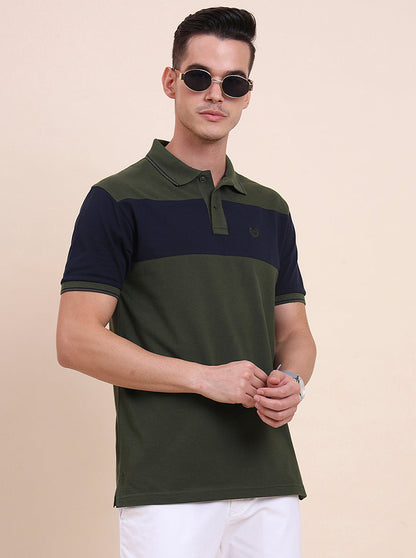 Olive & Navy Blue Striped Slim Fit Polo T-Shirt | Greenfibre