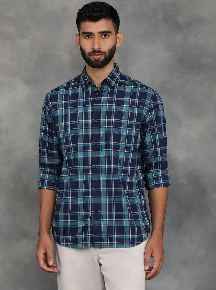 Blue Checked Slim Fit Casual Shirt | GreenFibre