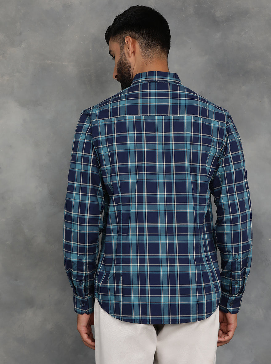 Blue Checked Slim Fit Casual Shirt | GreenFibre