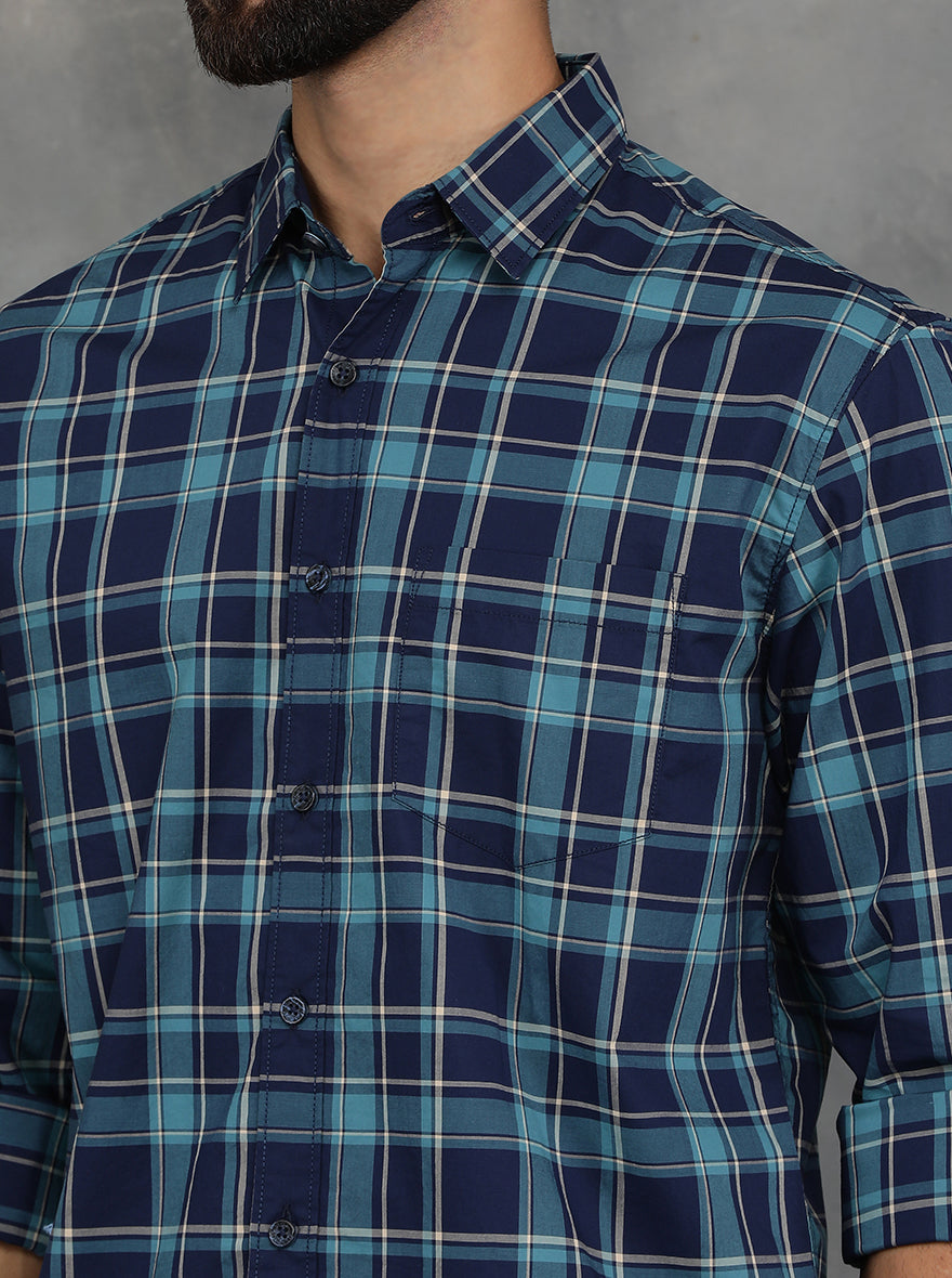 Blue Checked Slim Fit Casual Shirt | GreenFibre