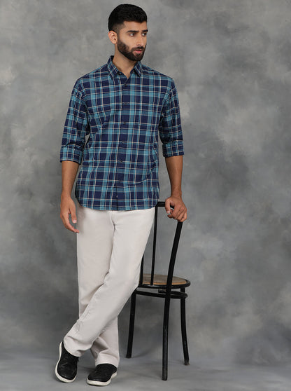 Blue Checked Slim Fit Casual Shirt | GreenFibre