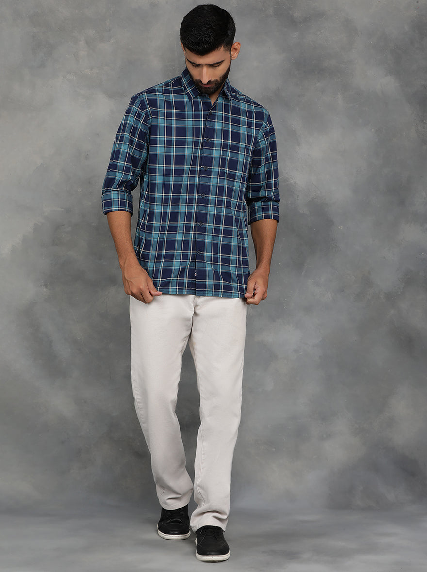 Blue Checked Slim Fit Casual Shirt | GreenFibre