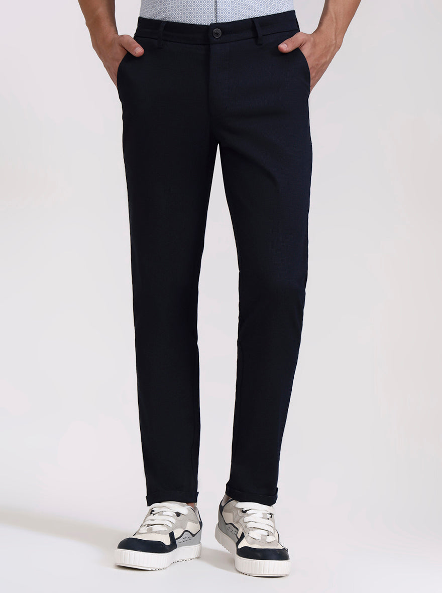 Navy Blue Solid Neo Fit Casual Trouser | Greenfibre
