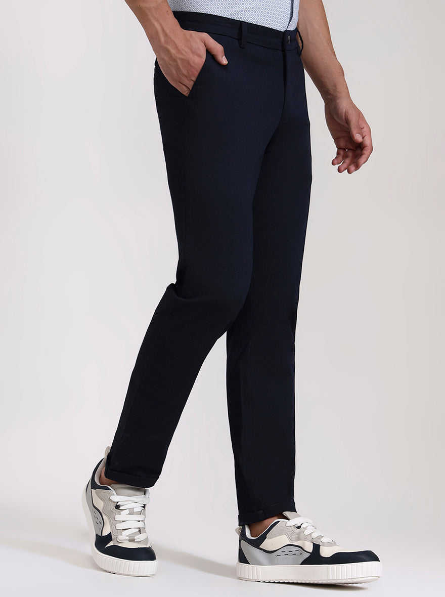 Navy Blue Solid Neo Fit Casual Trouser | Greenfibre