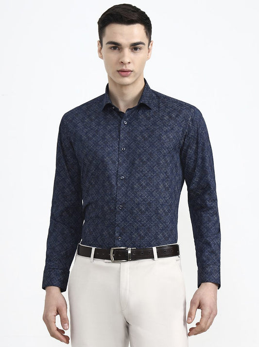 Blue Printed Slim Fit Party Wear Shirt | Greenfibre
