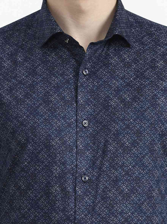 Blue Printed Slim Fit Party Wear Shirt | Greenfibre