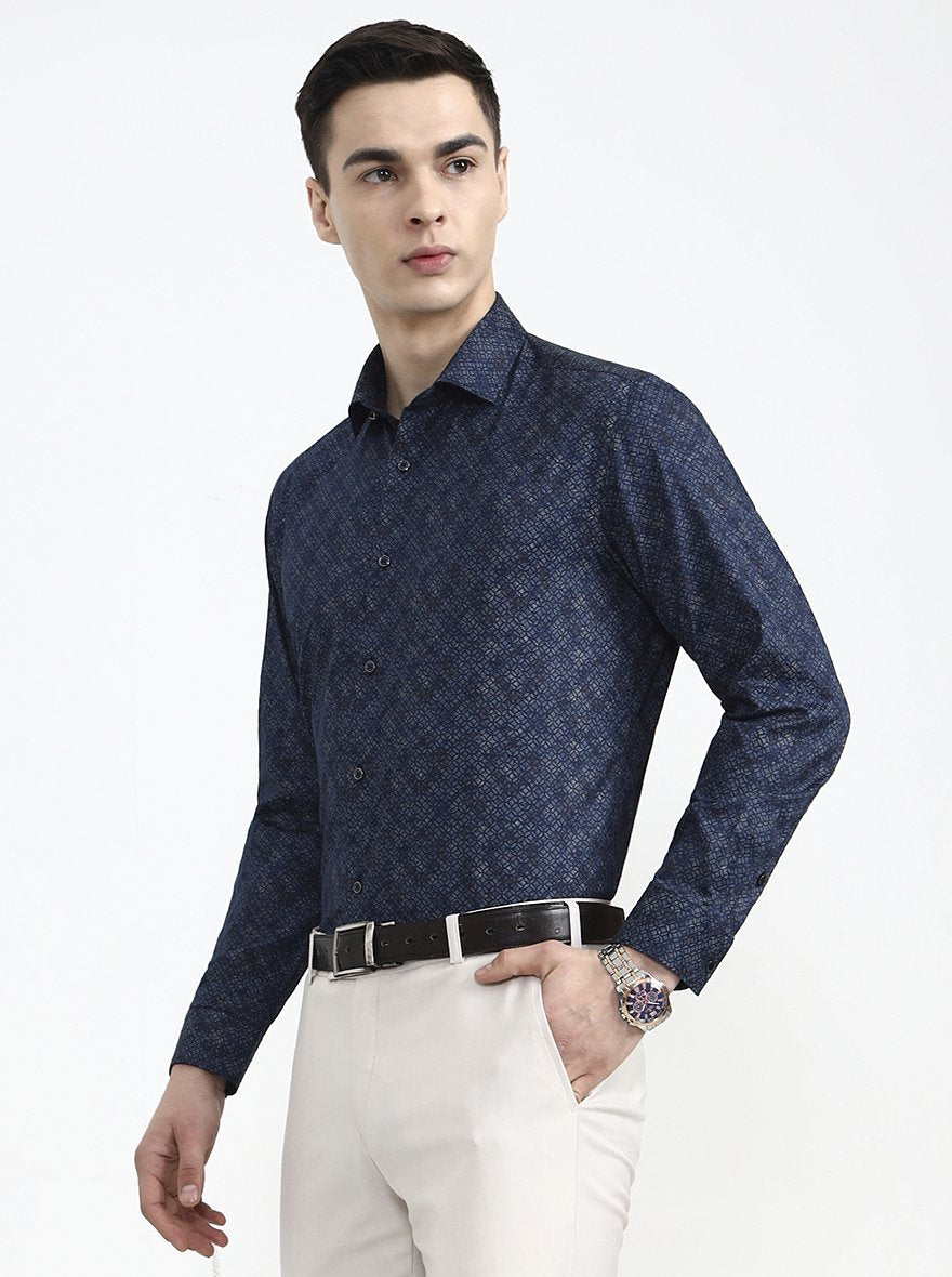 Blue Printed Slim Fit Party Wear Shirt | Greenfibre