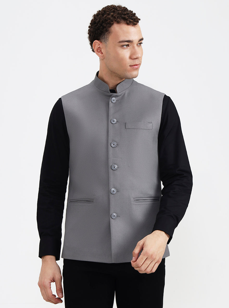 Dark Grey Solid Regular Fit Waistcoat  | Greenfibre